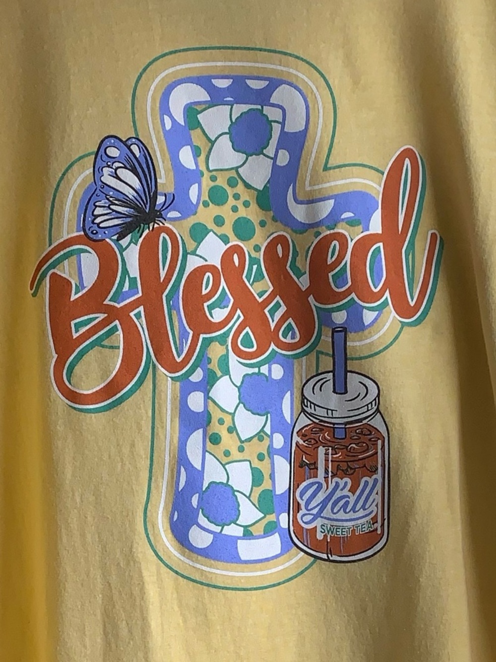 Y'ALL SWEET TEA Blessed Soft Yellow Cross Graphic T-Shirt Woman’s Plus Size 3X